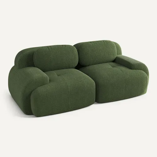 Canapé 2 Places Modulable En Velours Côtelé Vert, Accoudoirs Courbés