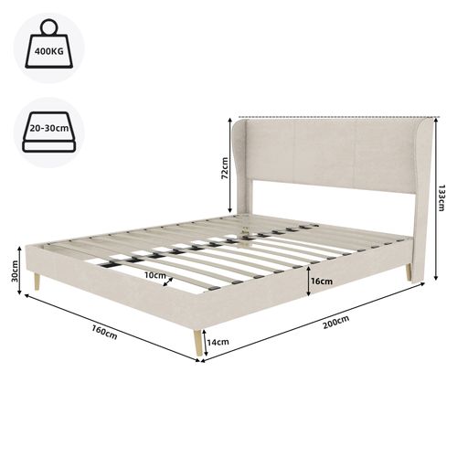 Lit Adulte 160x200 Cm Velours Beige, Tête De Lit à Oreilles Et Sommier à Lattes