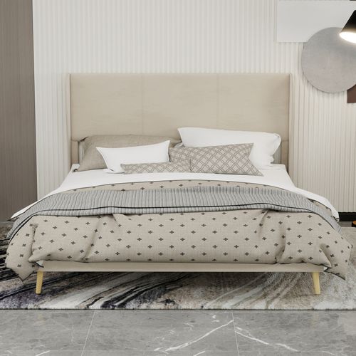 Lit Adulte 160x200 Cm Velours Beige, Tête De Lit à Oreilles Et Sommier à Lattes