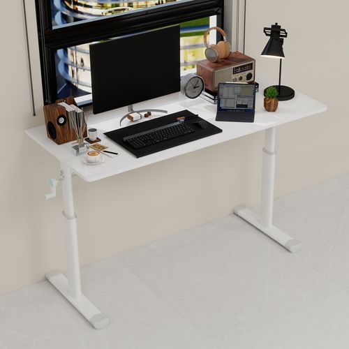 Bureau 120cm Réglable En Hauteur à Manivelle, Métal Et Bois Blanc