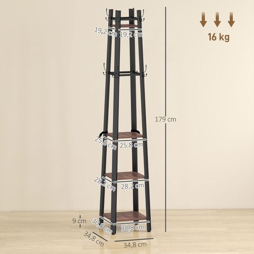 Portemanteau Sur Pied 8 Crochets Et 4 Étagères Style Industriel Bois Brun Et Métal Noir