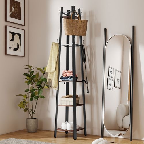 Portemanteau Sur Pied 8 Crochets Et 4 Étagères Style Industriel Bois Brun Et Métal Noir