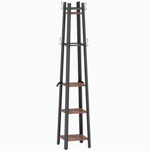 Portemanteau Sur Pied 8 Crochets Et 4 Étagères Style Industriel Bois Brun Et Métal Noir