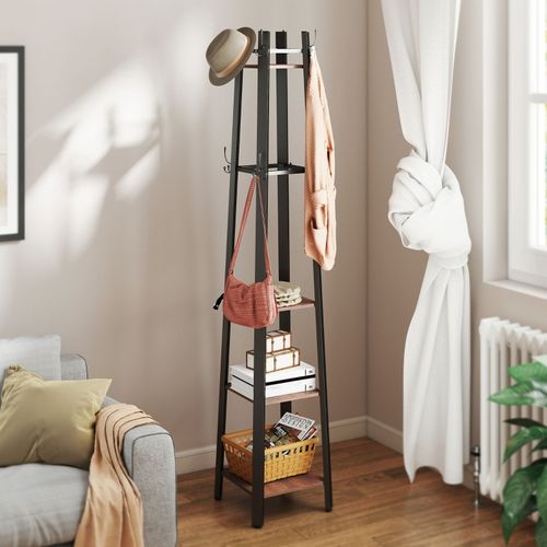 Portemanteau Sur Pied 8 Crochets Et 4 Étagères Style Industriel Bois Brun Et Métal Noir
