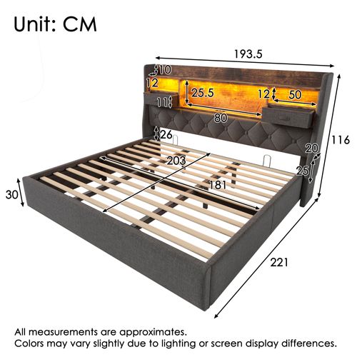Lit Coffre 180x200 Cm 2 Places Avec Rangement, LED, Ports USB/type-c, Lin Gris, Sommier à Lattes