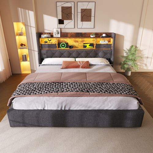 Lit Coffre 180x200 Cm 2 Places Avec Rangement, LED, Ports USB/type-c, Lin Gris, Sommier à Lattes