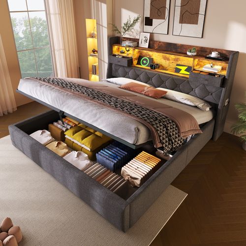 Lit Coffre 180x200 Cm 2 Places Avec Rangement, LED, Ports USB/type-c, Lin Gris, Sommier à Lattes