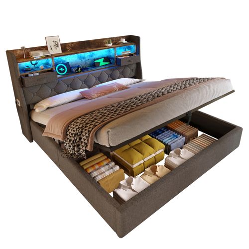 Lit Coffre 180x200 Cm 2 Places Avec Rangement, LED, Ports USB/type-c, Lin Gris, Sommier à Lattes