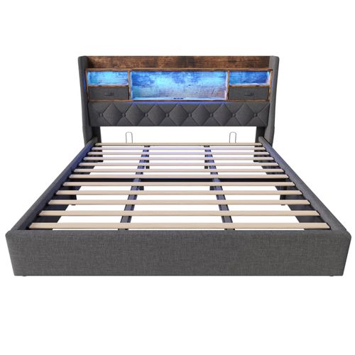 Lit Coffre 180x200 Cm 2 Places Avec Rangement, LED, Ports USB/type-c, Lin Gris, Sommier à Lattes