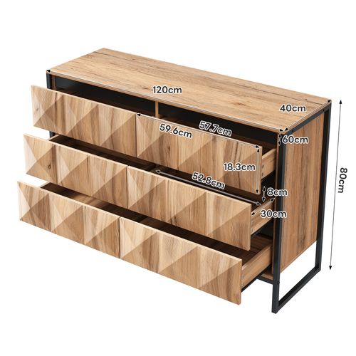 Commode Noir Et Bois Naturel Avec 6 Tiroirs Buffet 120 X 40 X 80 Cm, Piètement Métal