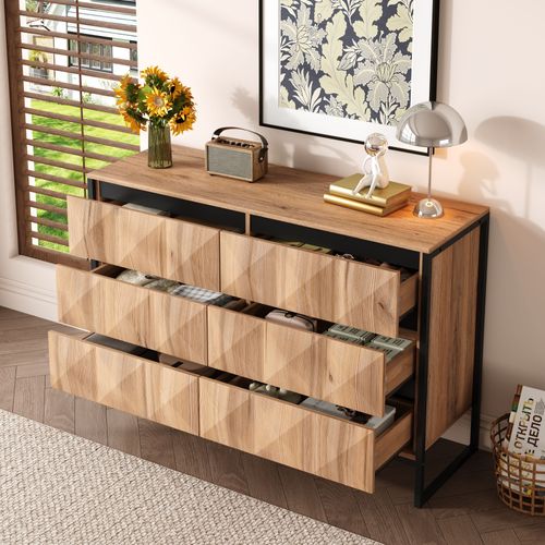 Commode Noir Et Bois Naturel Avec 6 Tiroirs Buffet 120 X 40 X 80 Cm, Piètement Métal
