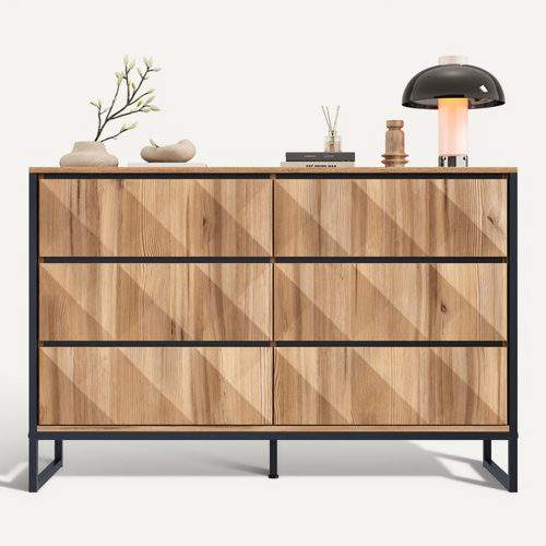 Commode Noir Et Bois Naturel Avec 6 Tiroirs Buffet 120 X 40 X 80 Cm, Piètement Métal