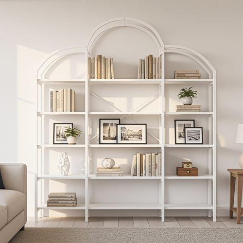 Étagère 170 X 26 X 190 Cm, Métal Et Panneaux Bois, 5 Niveaux, Décor Nuage, Blanche