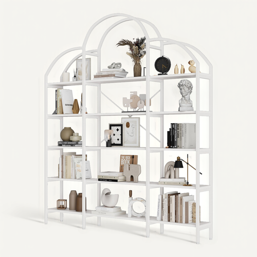 Étagère 170 X 26 X 190 Cm, Métal Et Panneaux Bois, 5 Niveaux, Décor Nuage, Blanche