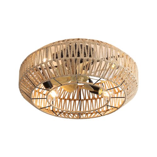 Ventilateur De Plafond 56 Cm Avec Éclairage, Moteur Dc Réversible, Style Rotin