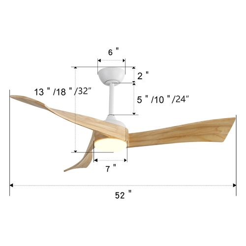 Ventilateur De Plafond 132 Cm Blanc En Bois Et Métal Avec LED, Moteur Dc Et Télécommande