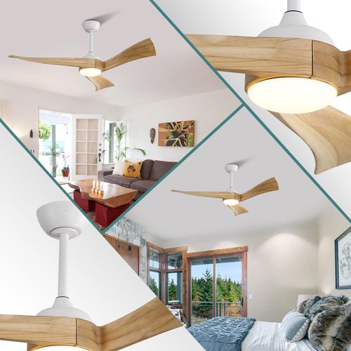 Ventilateur De Plafond 132 Cm Blanc En Bois Et Métal Avec LED, Moteur Dc Et Télécommande