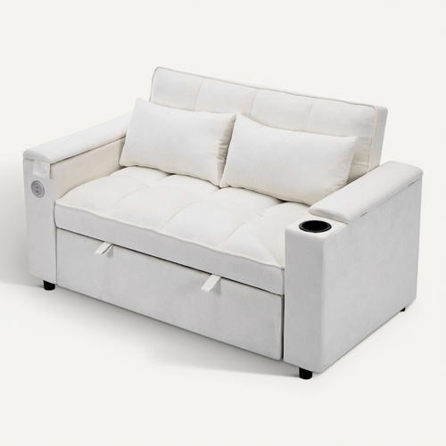 Canapé Convertible 2 Places Tissu Beige, Dossier Réglable, Rangements, Ports USB, Tablette D’appoint