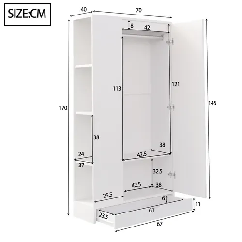 Armoire Blanche H.170 Cm, 1 Porte, Étagères Et Tiroir, Rangement Pour Vêtements, Chambre