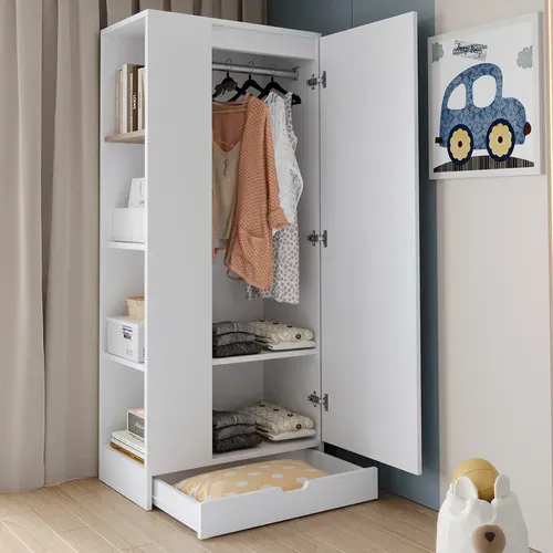 Armoire Blanche H.170 Cm, 1 Porte, Étagères Et Tiroir, Rangement Pour Vêtements, Chambre