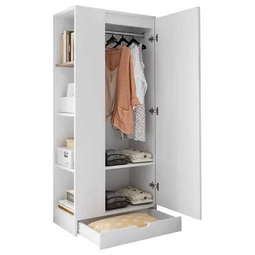 Armoire Blanche H.170 Cm, 1 Porte, Étagères Et Tiroir, Rangement Pour Vêtements, Chambre