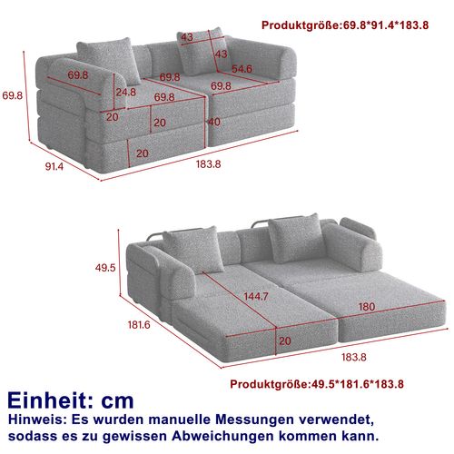 Canapé Convertible 2 Place Modulable Tissu Chenille Gris Avec Rangement Accoudoir, Cadres Métal