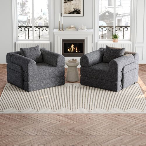 Canapé Convertible 2 Place Modulable Tissu Chenille Gris Avec Rangement Accoudoir, Cadres Métal