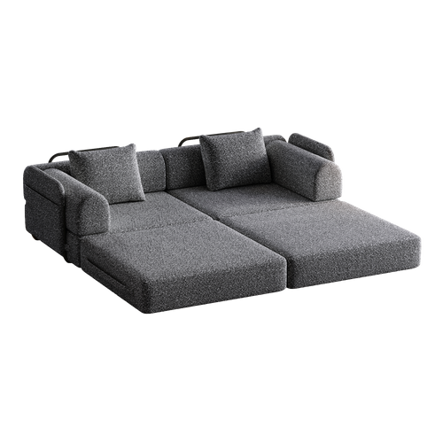 Canapé Convertible 2 Place Modulable Tissu Chenille Gris Avec Rangement Accoudoir, Cadres Métal