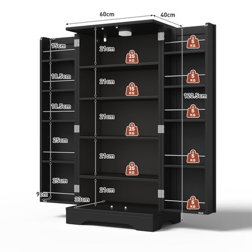 Buffet De Cuisine Noir, Armoire Haute 120x60x40 Cm, 2 Portes, LED Rechargeable, Finition Bois