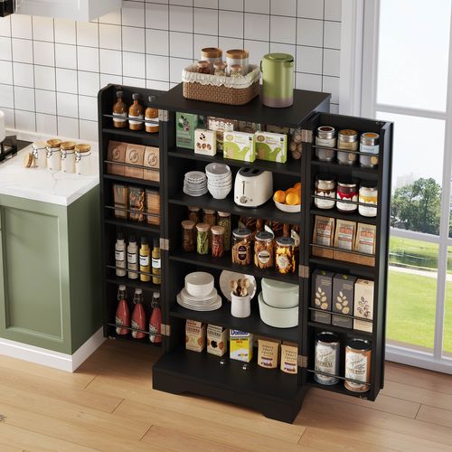 Buffet De Cuisine Noir, Armoire Haute 120x60x40 Cm, 2 Portes, LED Rechargeable, Finition Bois