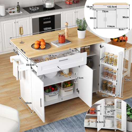 Desserte De Cuisine 132,5×44(70)×90 Cm, Plateau Pliant Avec Rangements, Tiroir Et 3 Portes