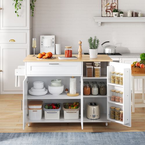 Desserte De Cuisine 132,5×44(70)×90 Cm, Plateau Pliant Avec Rangements, Tiroir Et 3 Portes