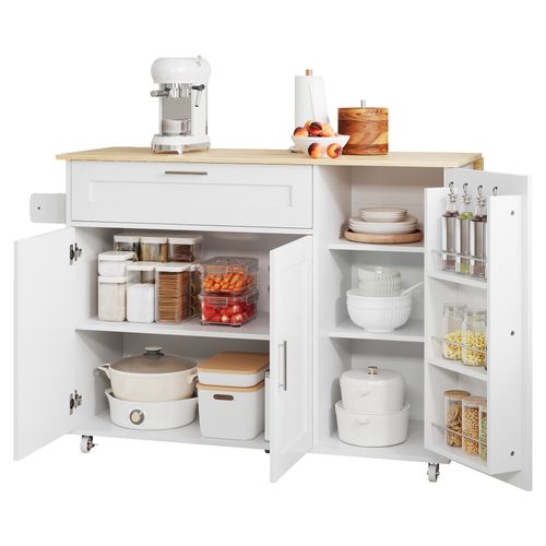 Desserte De Cuisine 132,5×44(70)×90 Cm, Plateau Pliant Avec Rangements, Tiroir Et 3 Portes
