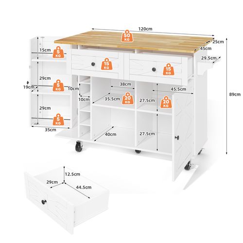 Desserte, Îlot De Cuisine Blanc Plan Rabattable à Roulettes, 2 Tiroirs Et 2 Portes, Porte-bouteilles