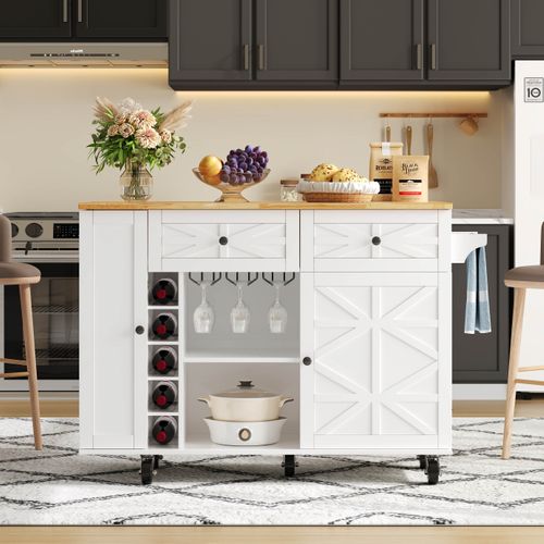 Desserte, Îlot De Cuisine Blanc Plan Rabattable à Roulettes, 2 Tiroirs Et 2 Portes, Porte-bouteilles