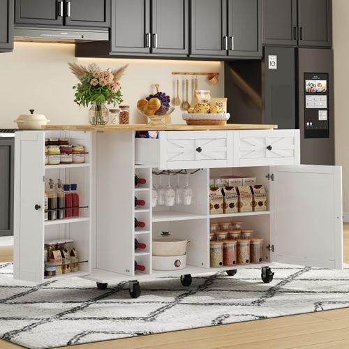 Desserte, Îlot De Cuisine Blanc Plan Rabattable à Roulettes, 2 Tiroirs Et 2 Portes, Porte-bouteilles