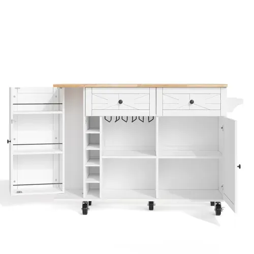 Desserte, Îlot De Cuisine Blanc Plan Rabattable à Roulettes, 2 Tiroirs Et 2 Portes, Porte-bouteilles
