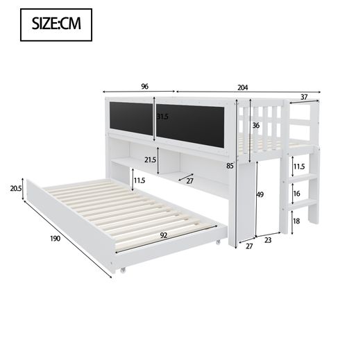 Lit Enfant Mi-haut 90x200 Cm Avec Lit Gigogne 90x190cm En Pin Brun, Rangements, Tableau Noir