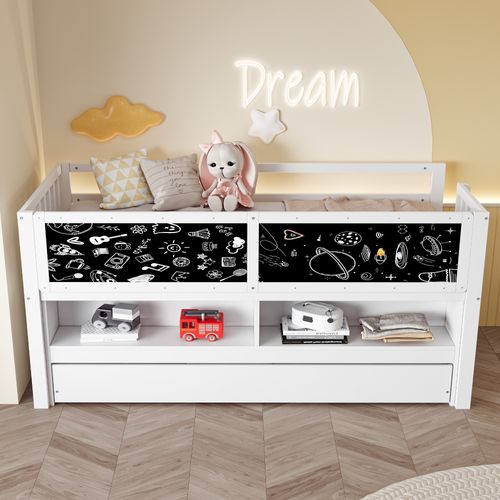 Lit Enfant Mi-haut 90x200 Cm Avec Lit Gigogne 90x190cm En Pin Brun, Rangements, Tableau Noir