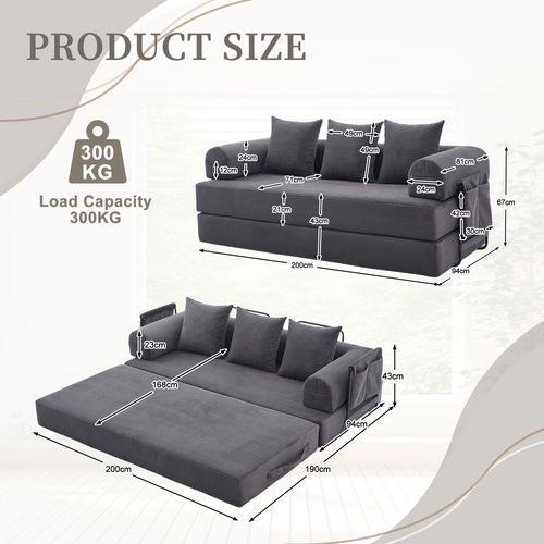 Canapé Convertible 3 Places Modulable 200 Cm, Velours Côtelé Gris Foncé, Coussins Et Poche Latérale