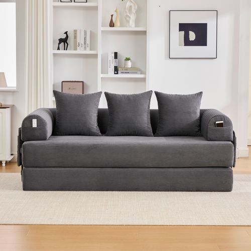 Canapé Convertible 3 Places Modulable 200 Cm, Velours Côtelé Gris Foncé, Coussins Et Poche Latérale