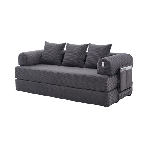 Canapé Convertible 3 Places Modulable 200 Cm, Velours Côtelé Gris Foncé, Coussins Et Poche Latérale