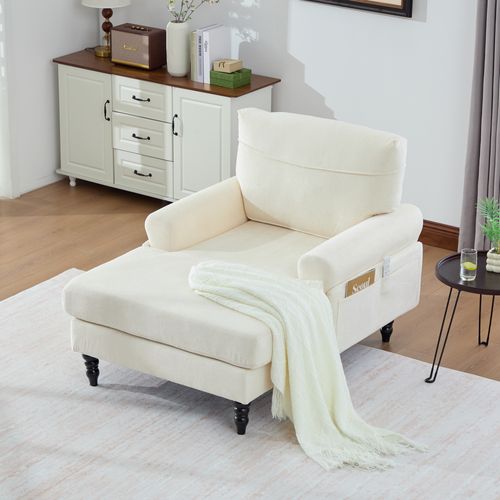 Fauteuil Relax En Tissu Chenille Beige 125,5x97x86 Cm Avec Poches Latérales