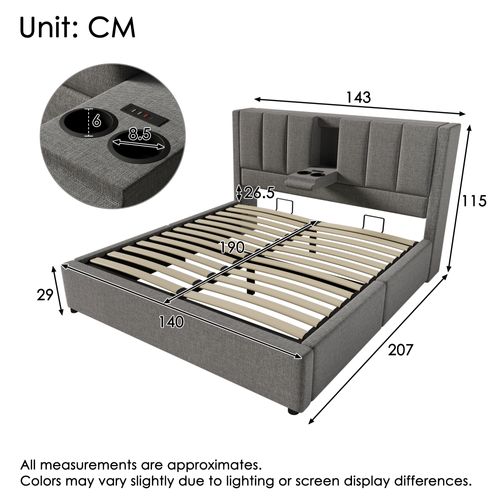 Lit Adulte 140x190 Cm Avec Coffre De Rangements, Ports USB/type-c, Sommier à Lattes, Lin Gris