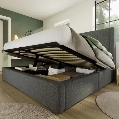 Lit Adulte 140x190 Cm Avec Coffre De Rangements, Ports USB/type-c, Sommier à Lattes, Lin Gris