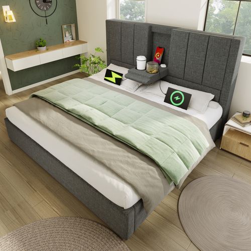 Lit Adulte 140x190 Cm Avec Coffre De Rangements, Ports USB/type-c, Sommier à Lattes, Lin Gris