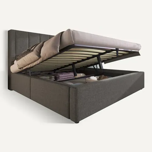 Lit Adulte 140x190 Cm Avec Coffre De Rangements, Ports USB/type-c, Sommier à Lattes, Lin Gris