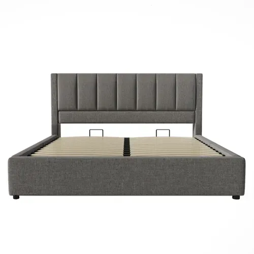 Lit Adulte 140x190 Cm Avec Coffre De Rangements, Ports USB/type-c, Sommier à Lattes, Lin Gris