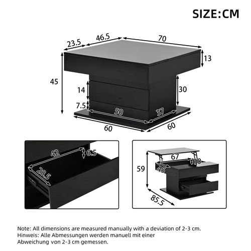 Table Basse Carrée Relevable 70cm Noire Laquée Rotation 360°, Tiroir Et Rangement Caché