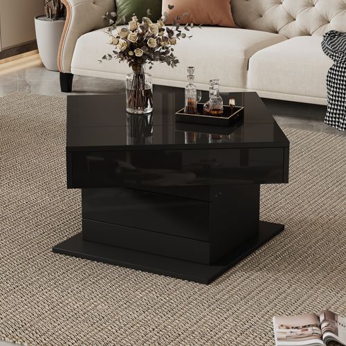 Table Basse Carrée Relevable 70cm Noire Laquée Rotation 360°, Tiroir Et Rangement Caché